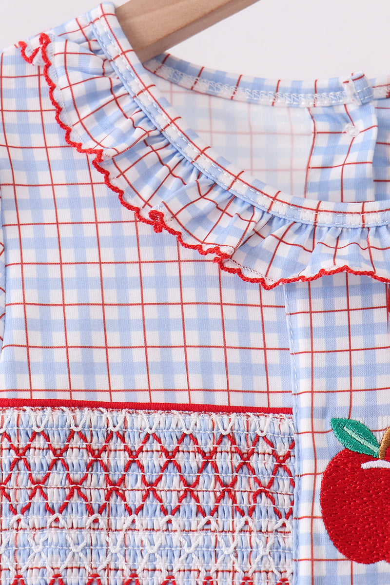 Blue Apple Embroidered Plaid Ruffle Shorts Set