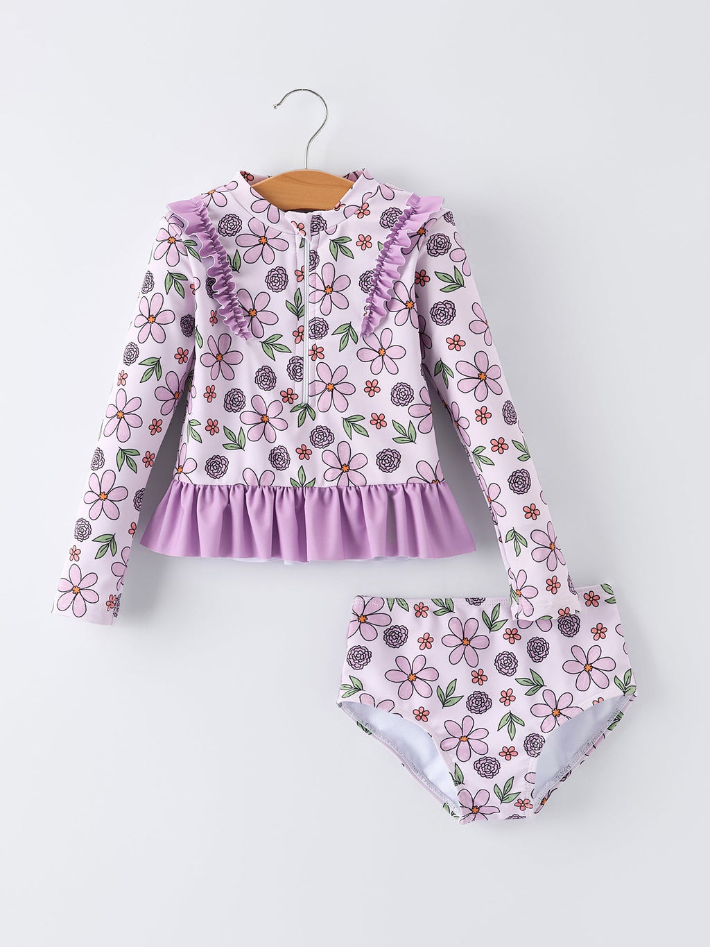 Purple Floral Long Sleeve Swim Set for Girls - Sun Safe