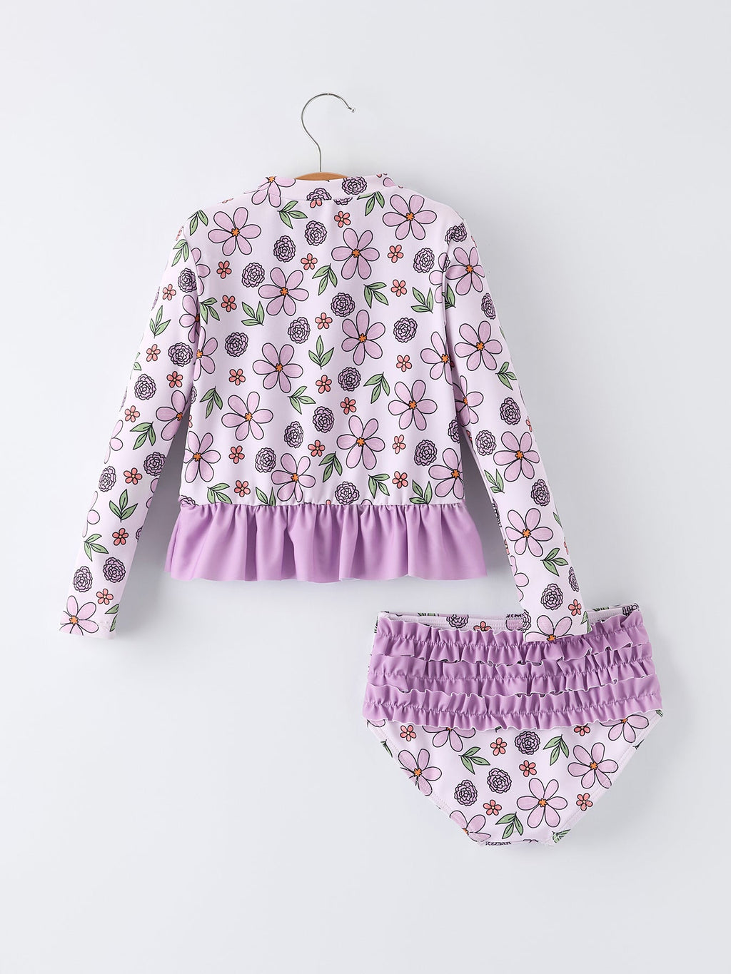 Purple Floral Long Sleeve Swim Set for Girls - Sun Safe