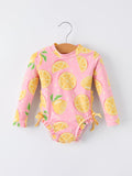 Summer Lemon Print Girl Long Sleeve Ruffle One Piece Swimsuit