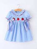 Back To School Apple Plaid Girls Dress Smocked Puff Sleeve Bow