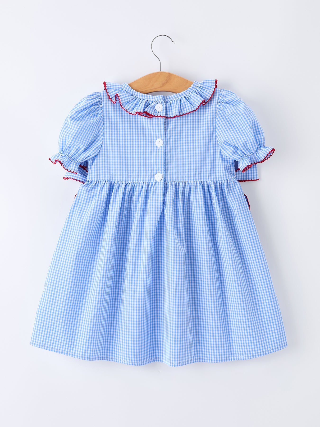 Back To School Apple Plaid Girls Dress Smocked Puff Sleeve Bow