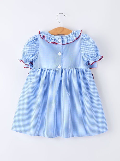 Back To School Apple Plaid Girls Dress Smocked Puff Sleeve Bow