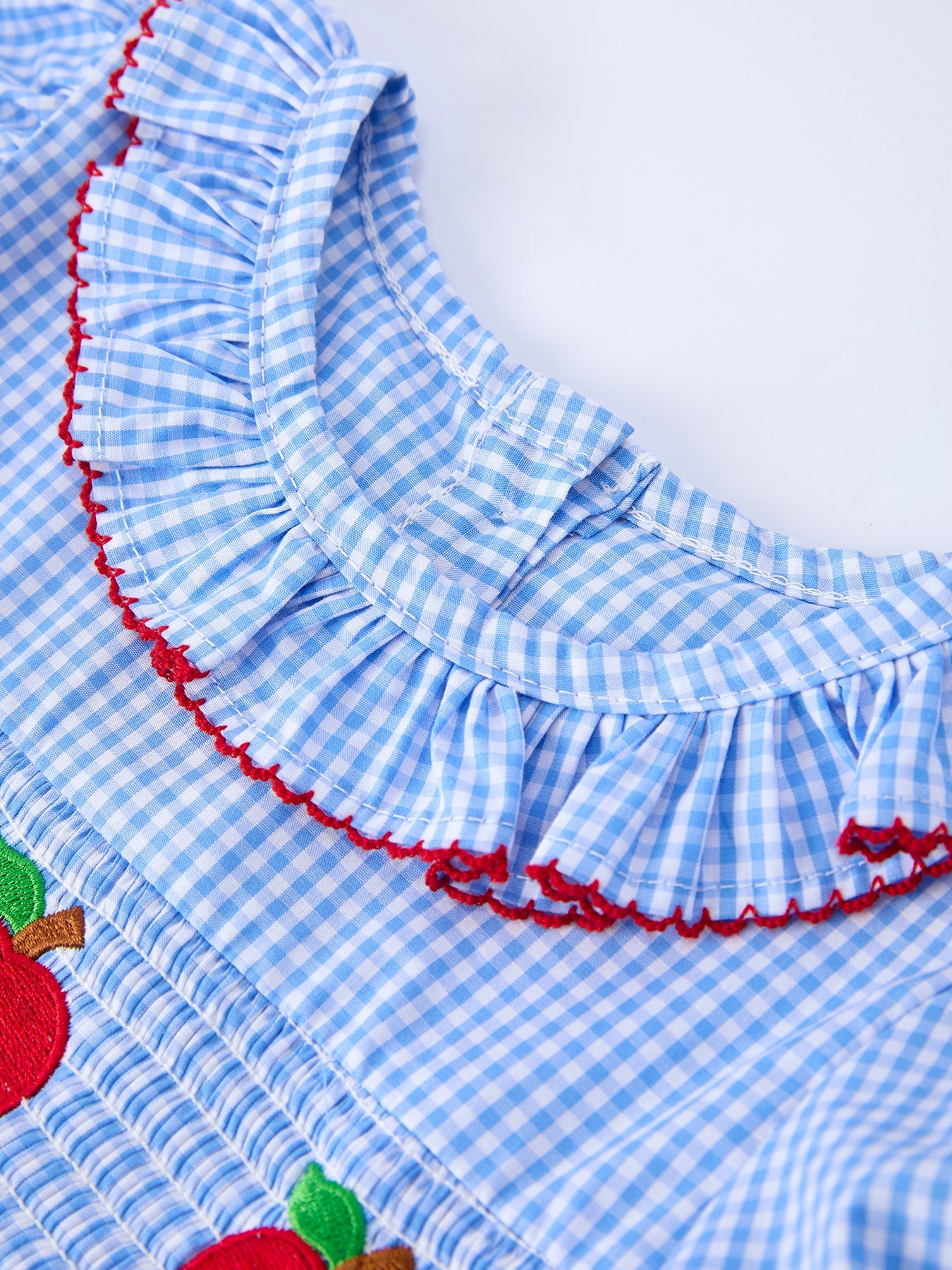 Back To School Apple Plaid Girls Dress Smocked Puff Sleeve Bow