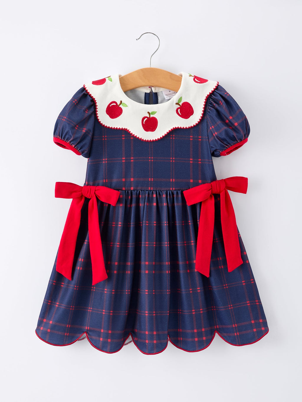 Back To School Apple Plaid Girls Dress Scallop Hem Bow