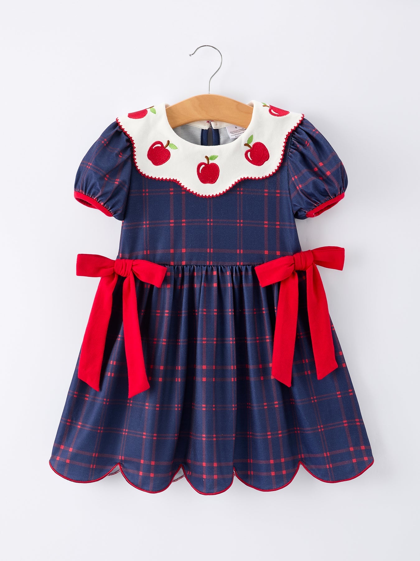 Back To School Apple Plaid Girls Dress Scallop Hem Bow