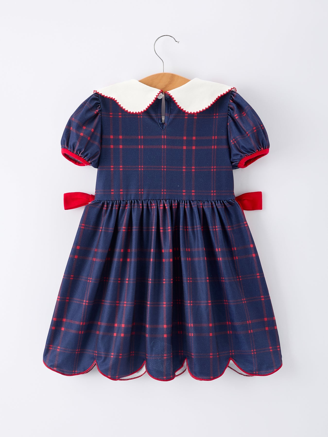 Back To School Apple Plaid Girls Dress Scallop Hem Bow