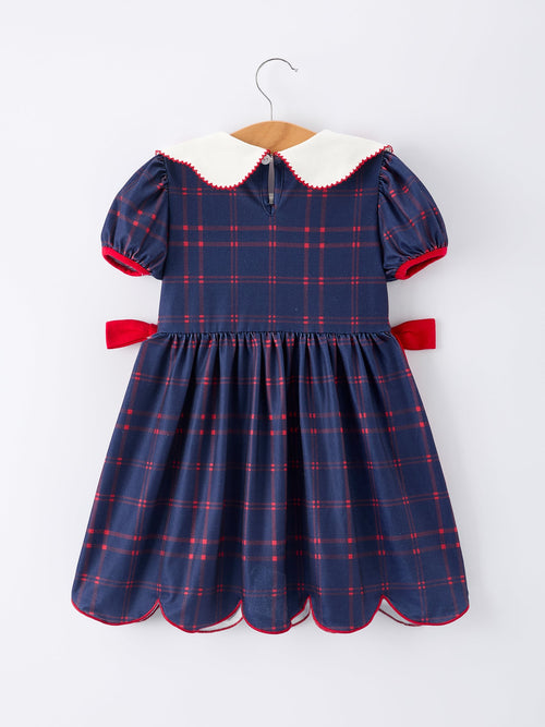 Back To School Apple Plaid Girls Dress Scallop Hem Bow