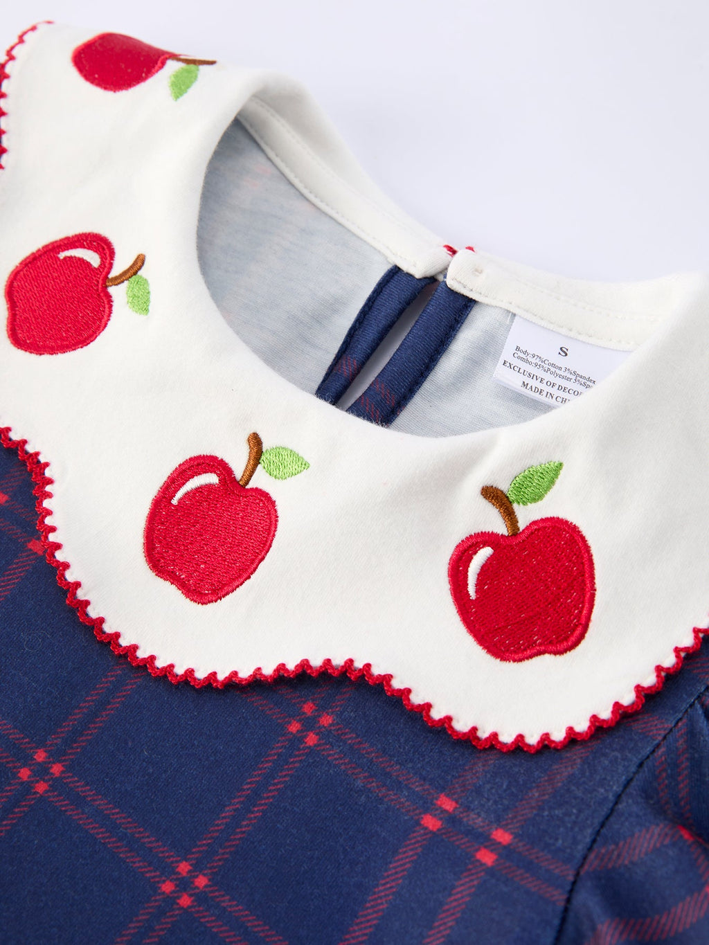 Back To School Apple Plaid Girls Dress Scallop Hem Bow