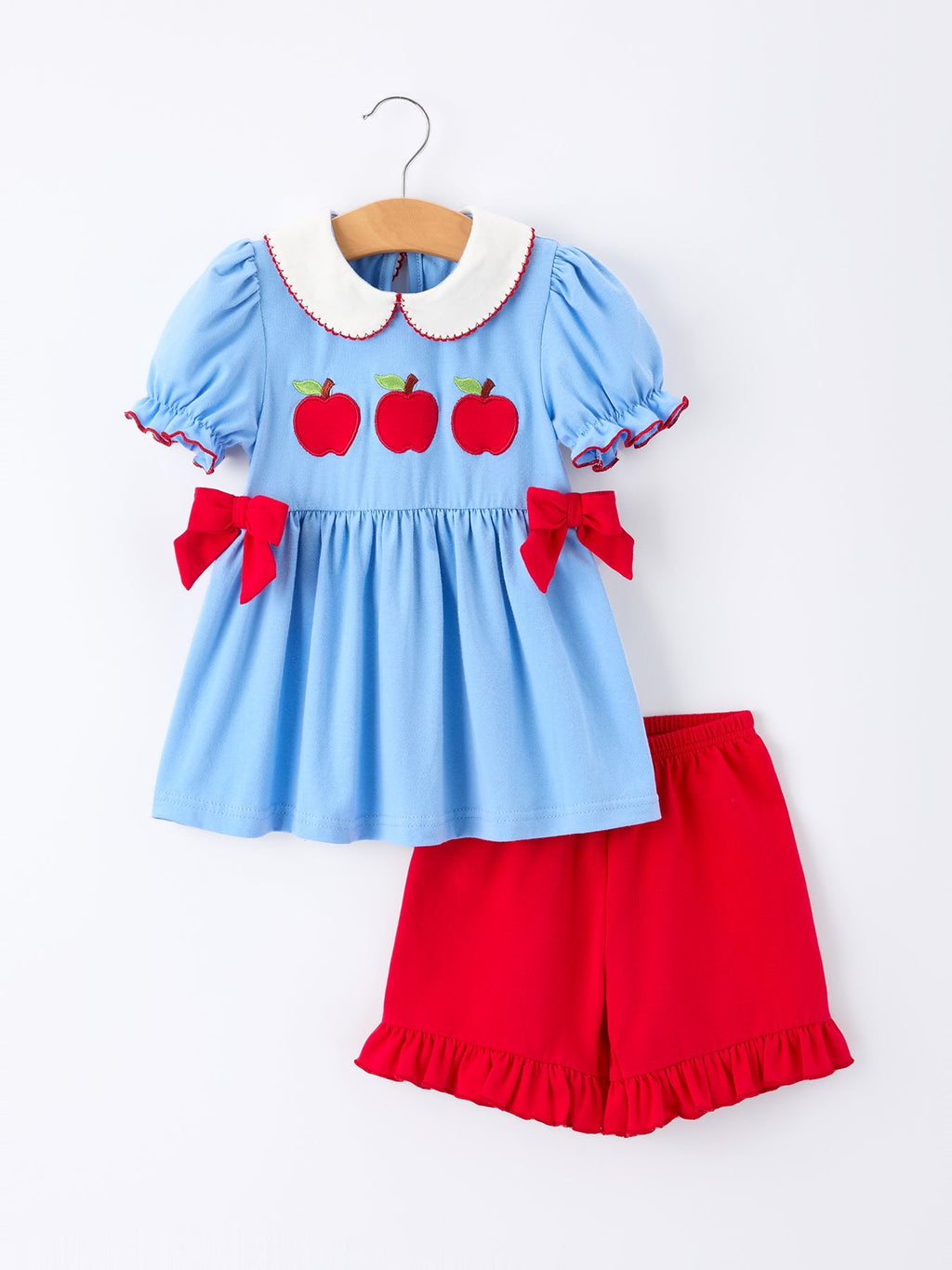 Girls Back To School Apple Outfit Set Bow Ruffle Petal Collar