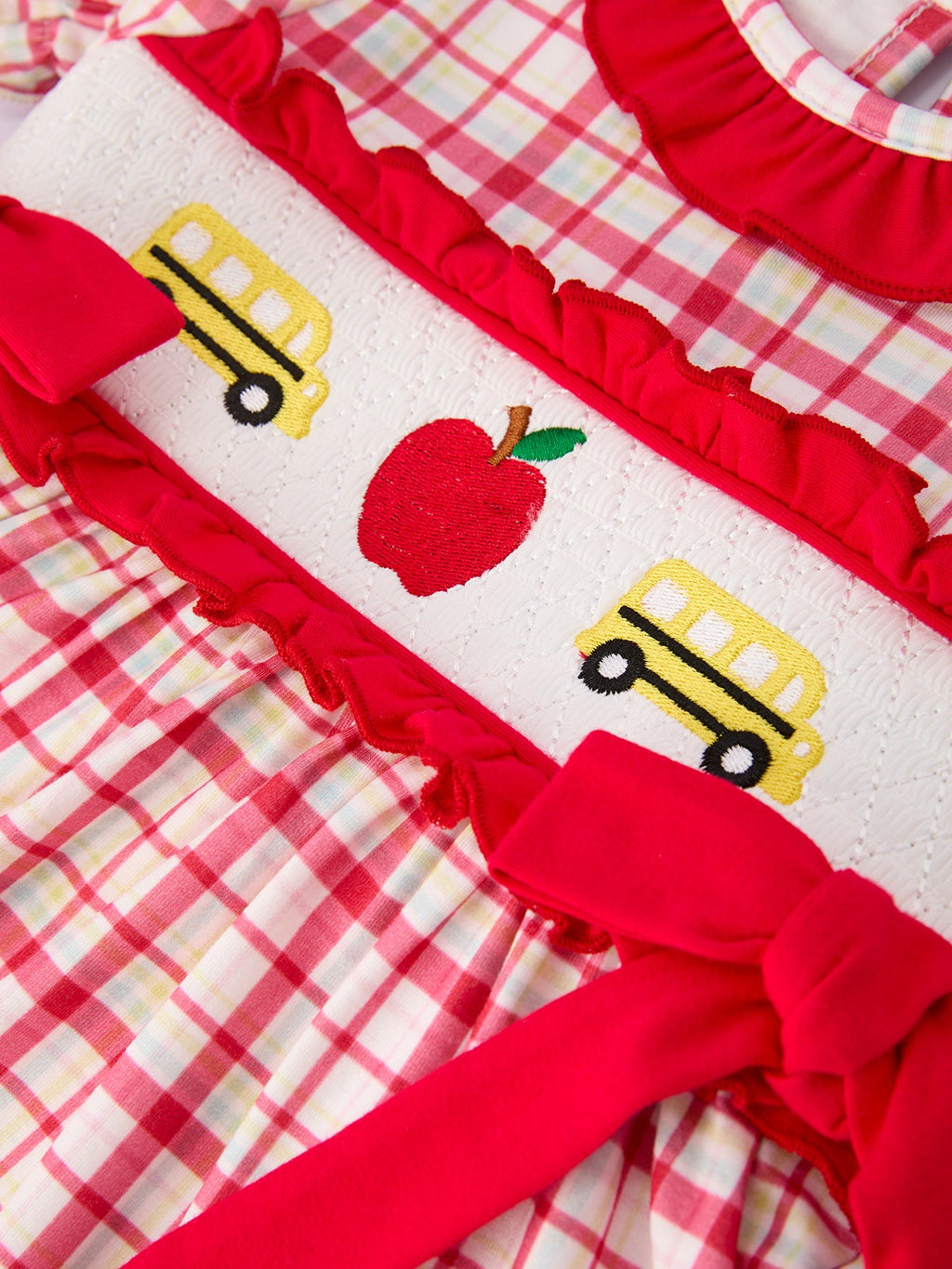 Back To School School Bus Embroidery Plaid Girls Set Ruffle Bow
