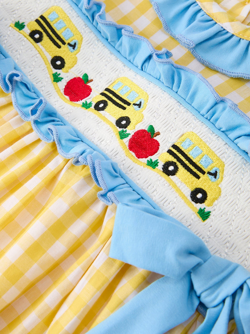 Back To School School Bus Plaid Girls Dress Ruffle Collar Bow