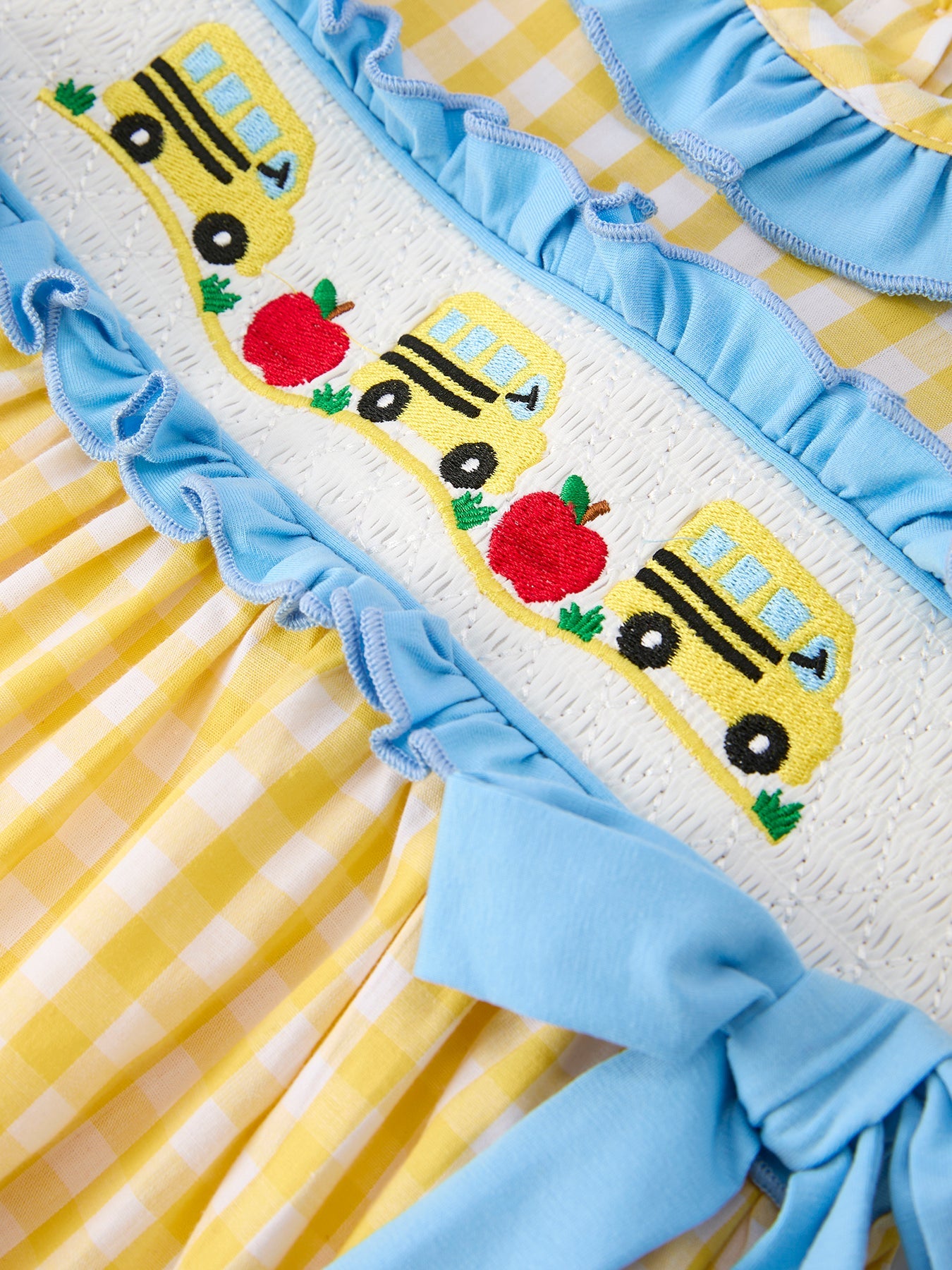 Back To School School Bus Plaid Girls Dress Ruffle Collar Bow
