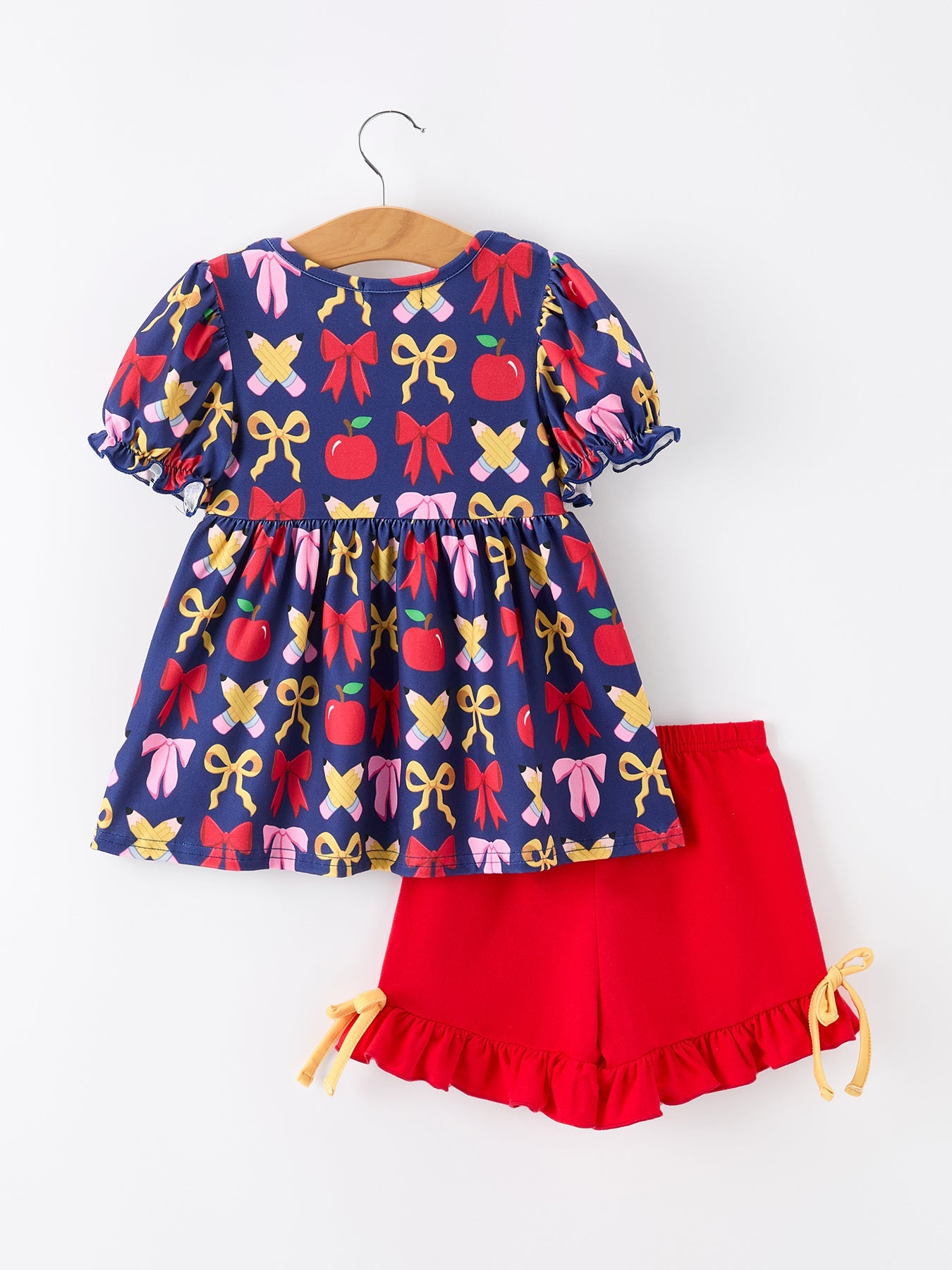 Girls Back To School Apple Pencil Outfit Set Bow Ruffle