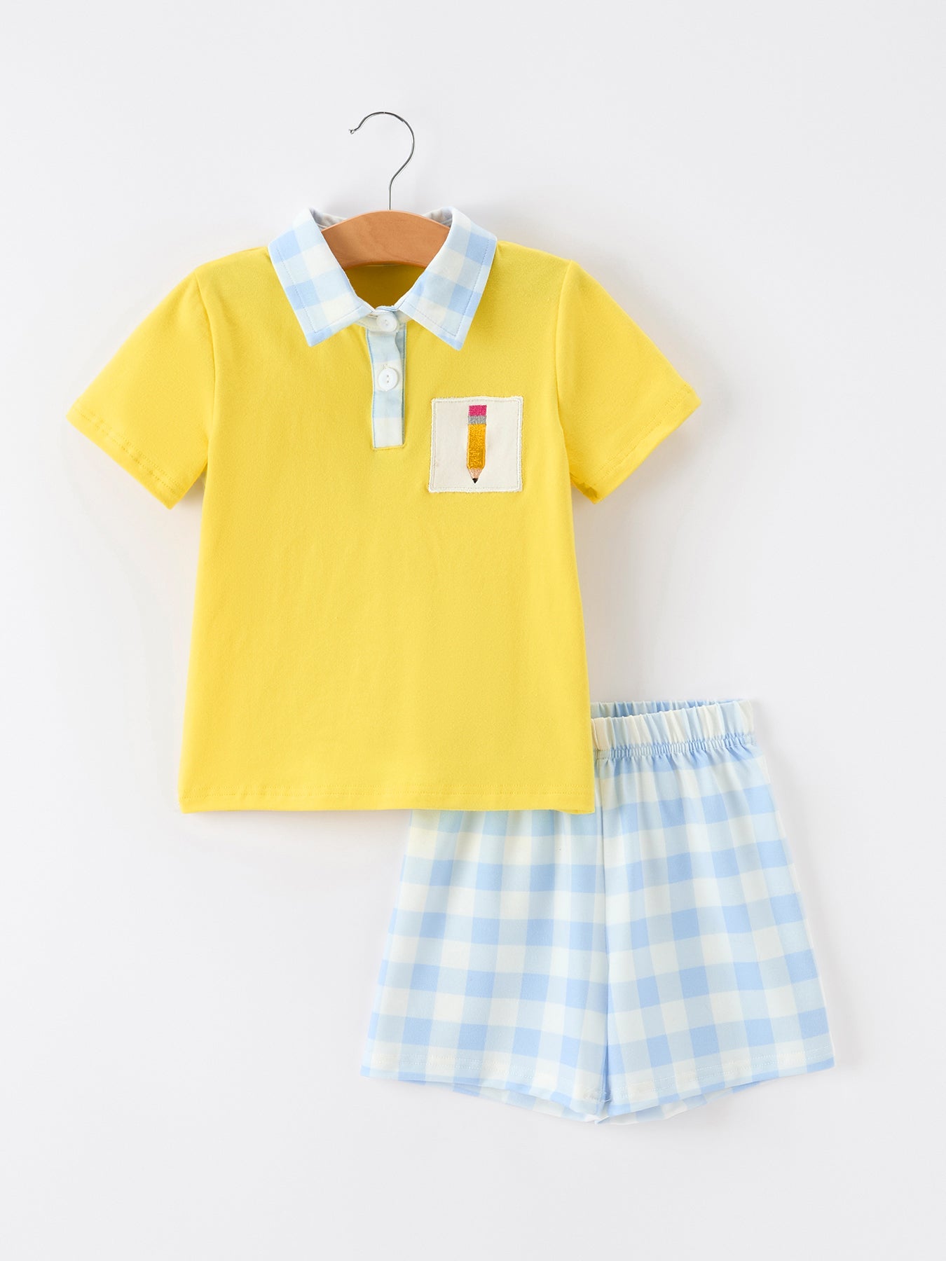 Boys Back To School Pencil Plaid Polo Short Set Embroidery