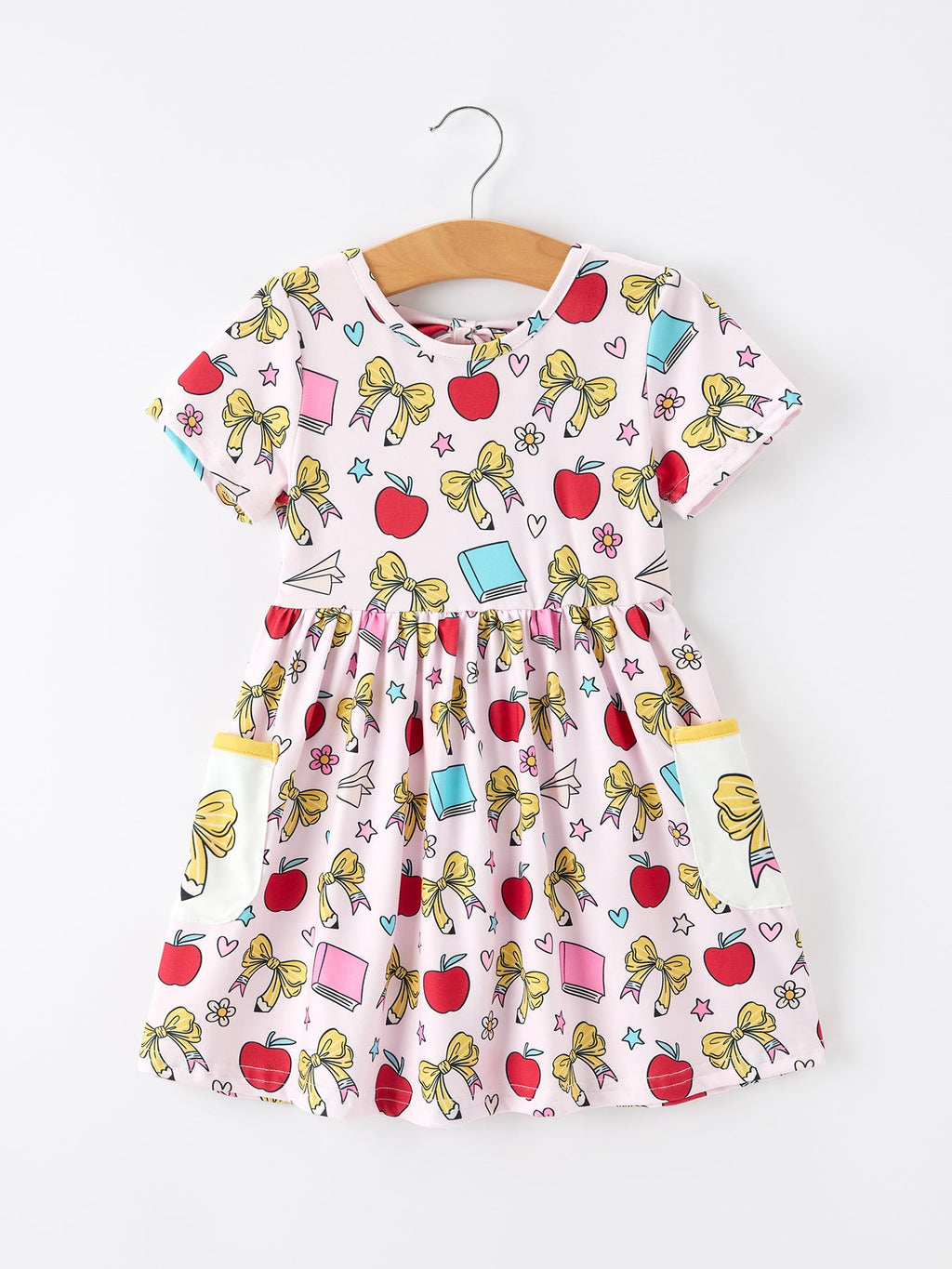 Girls Back To School Apple Bow Pocket Twirl Dress