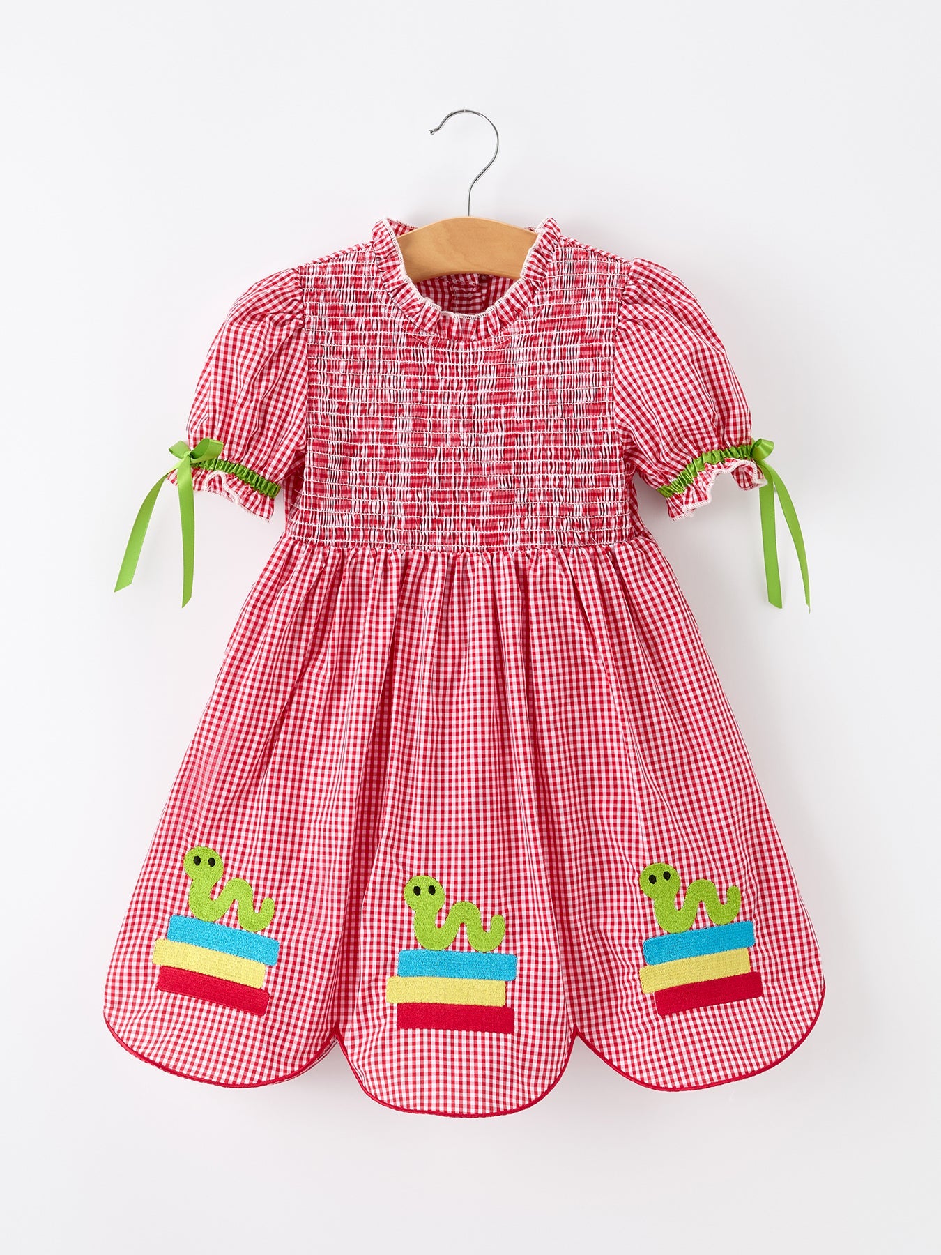 Girls Back To School Worm Plaid Twirl Dress Smocked