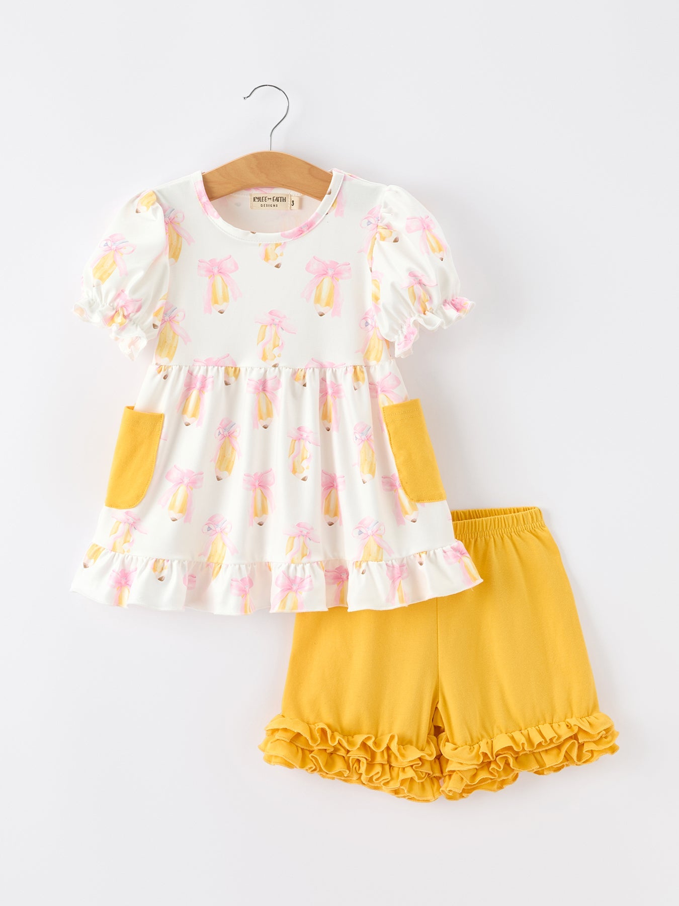 Girls Back To School Pencil Bow Pocket Ruffle Top Shorts Set