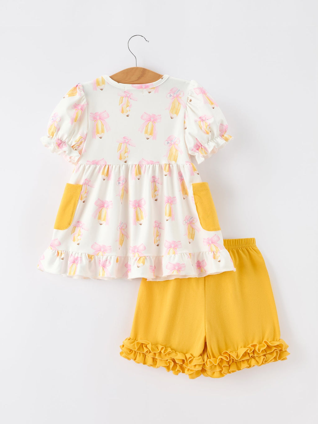 Girls Back To School Pencil Bow Pocket Ruffle Top Shorts Set