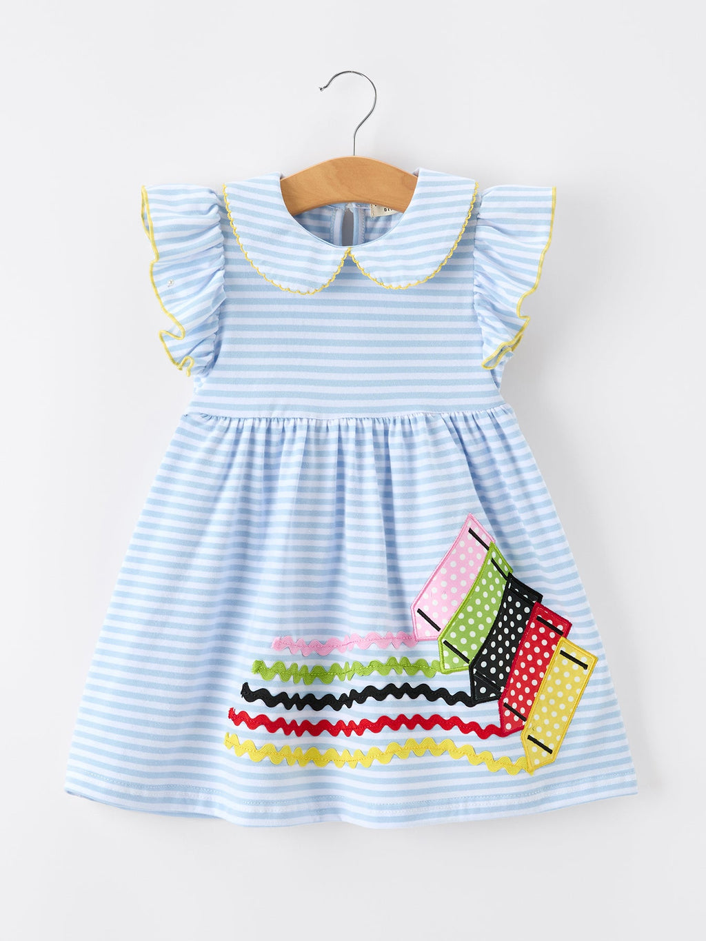 Girls Back To School Crayon Dress Ruffle Petal Collar Applique