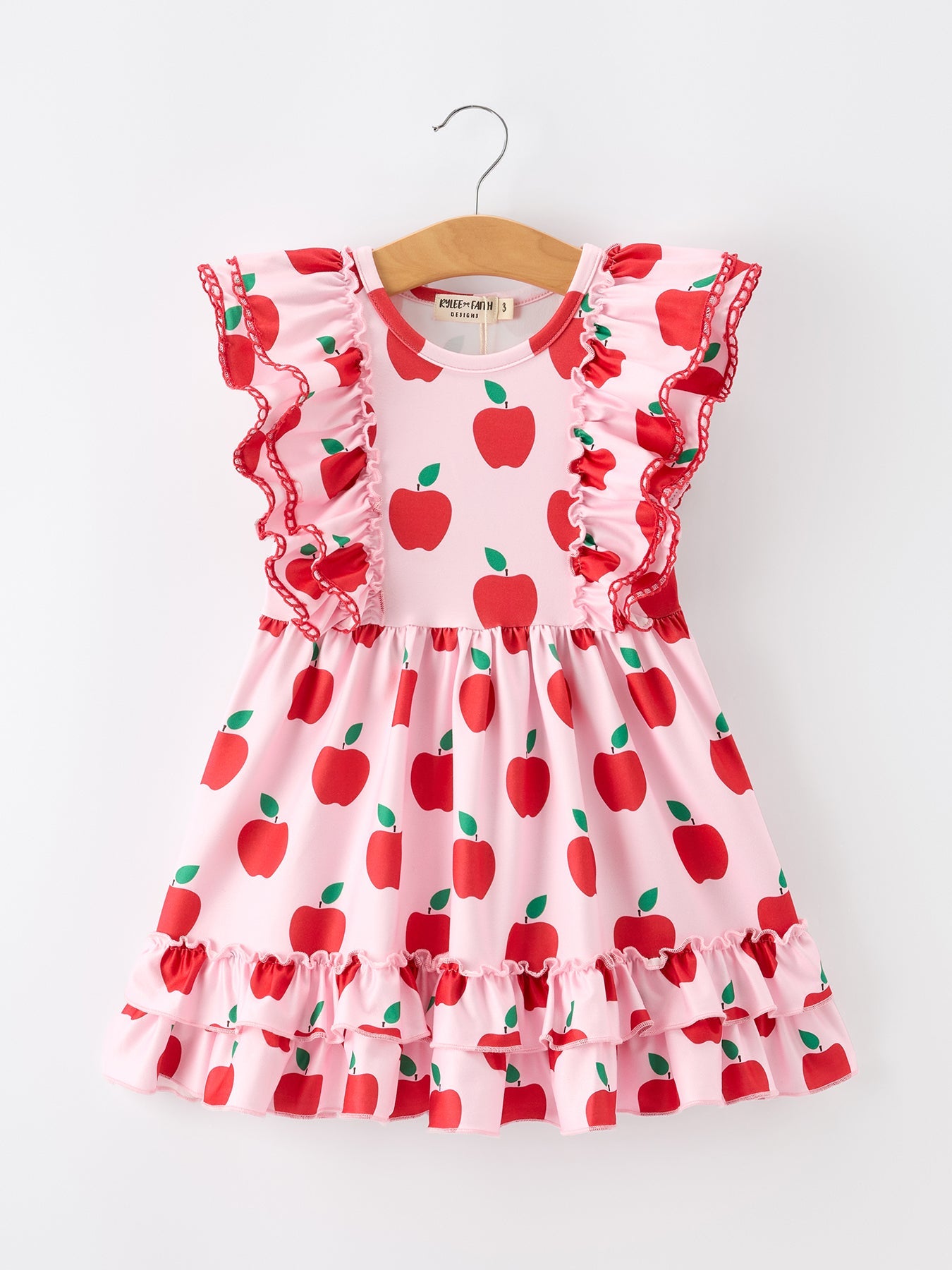 Girls Back To School Apple Twirl Dress Ruffle Flutter Sleeve
