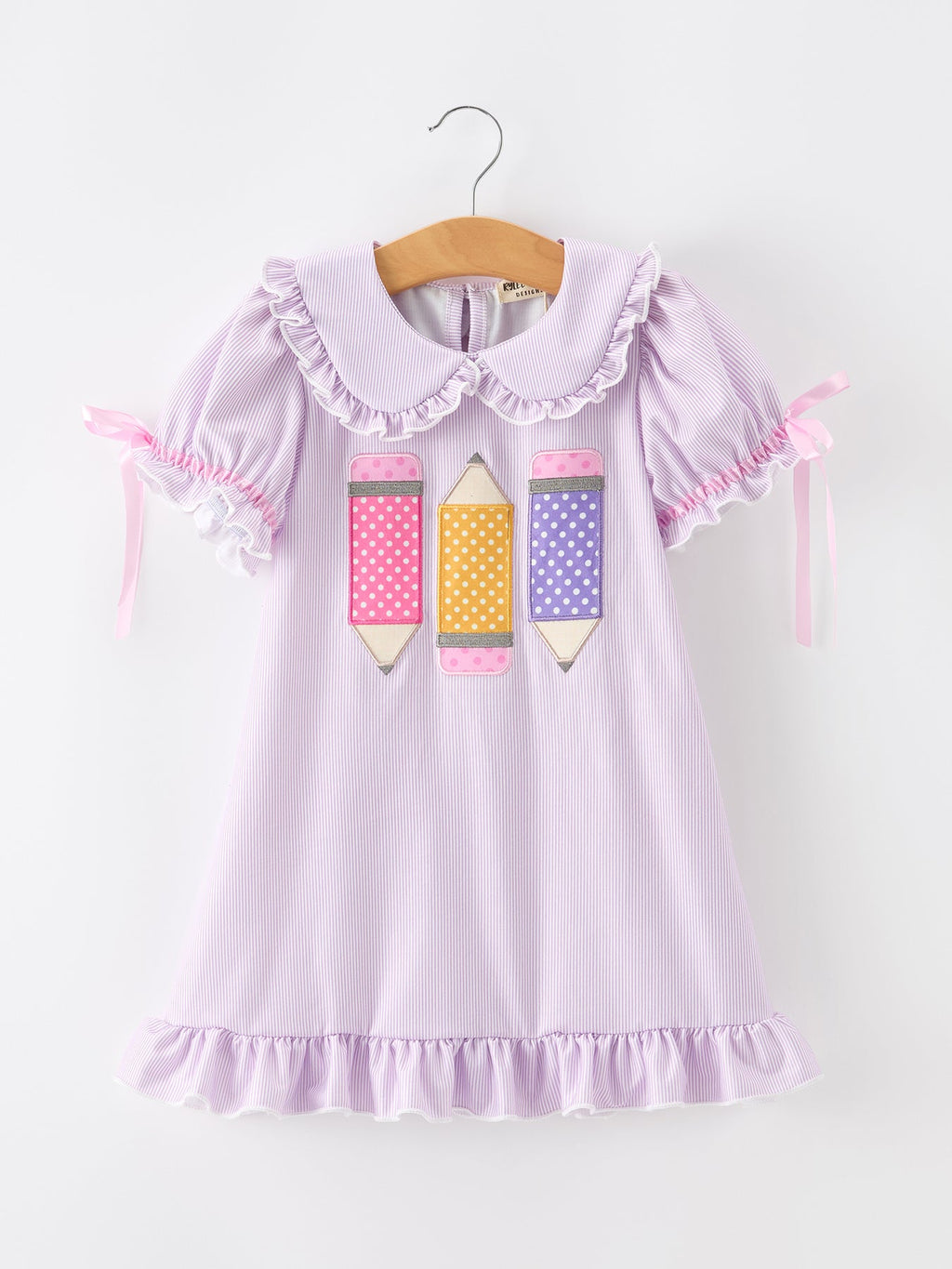 Back To School Pencil Applique Girls Purple Dress Petals Collar Ruffle