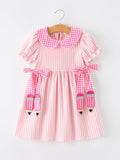 Girls Back To School Pink Plaid Petals Collar Pencil Applique Dress