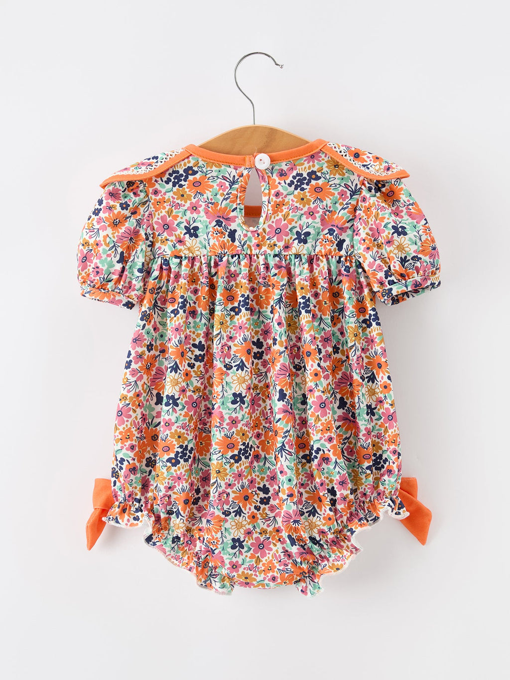 Orange Floral Bow Petals Collar Girls Romper