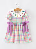 Back To School Plaid Crayon Embroidery Girls Dress Bow Puff Sleeve