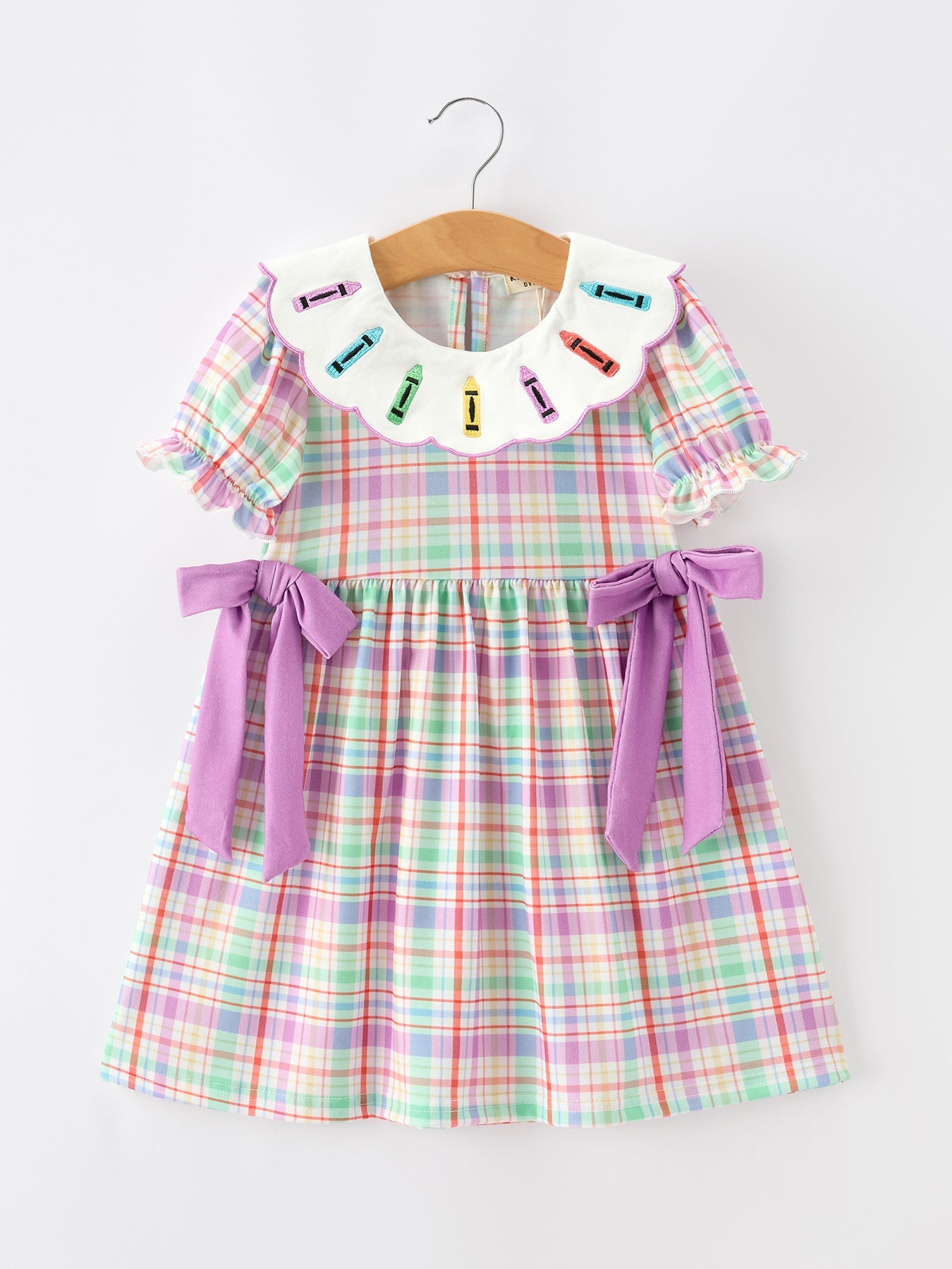 Back To School Plaid Crayon Embroidery Girls Dress Bow Puff Sleeve