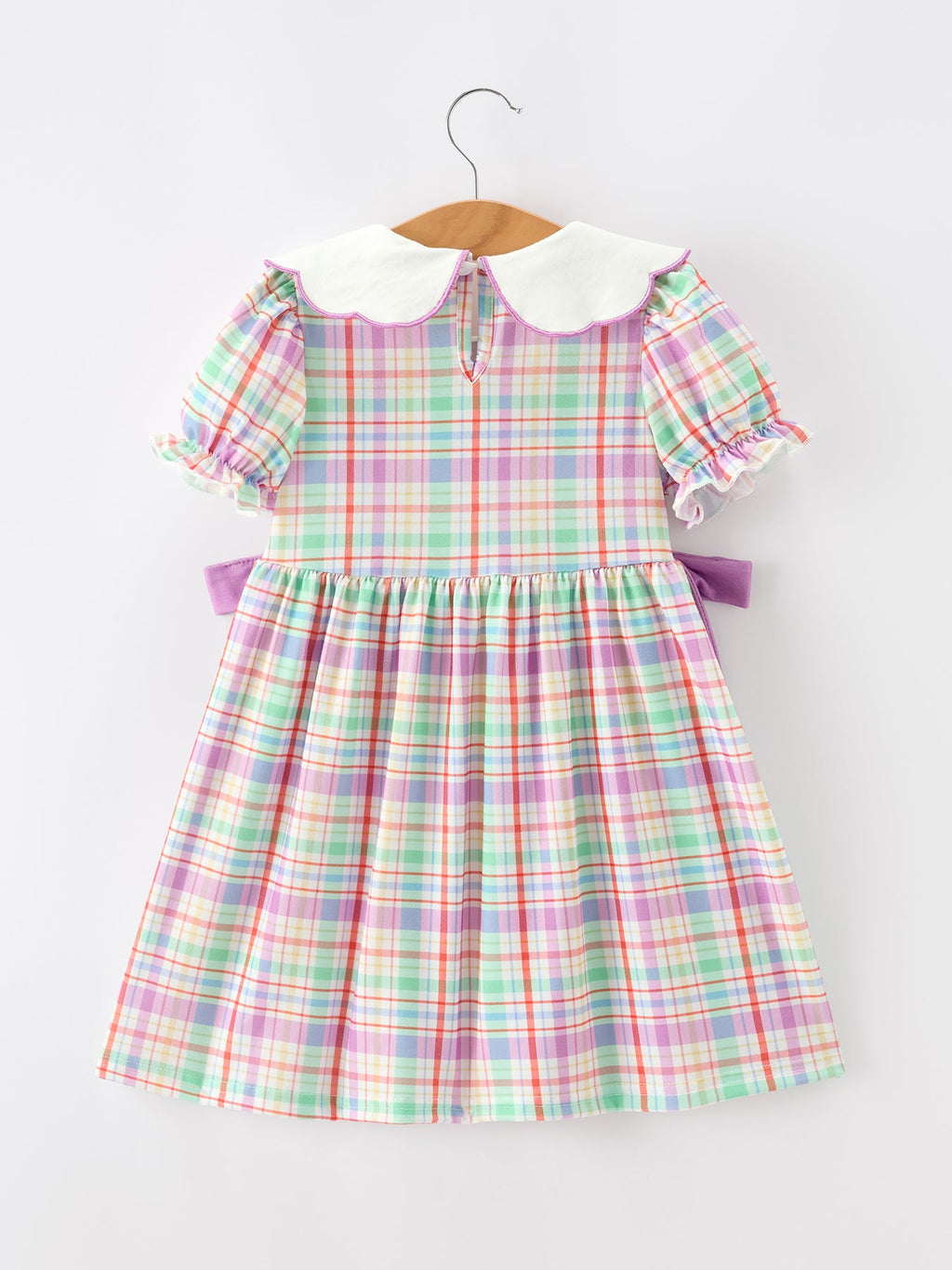 Back To School Plaid Crayon Embroidery Girls Dress Bow Puff Sleeve