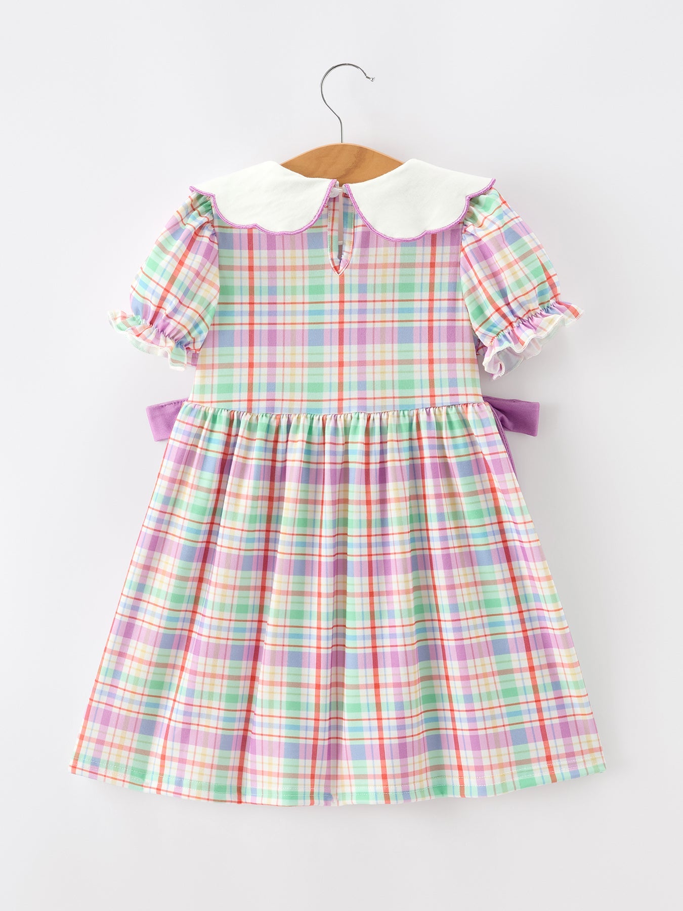 Back To School Plaid Crayon Embroidery Girls Dress Bow Puff Sleeve