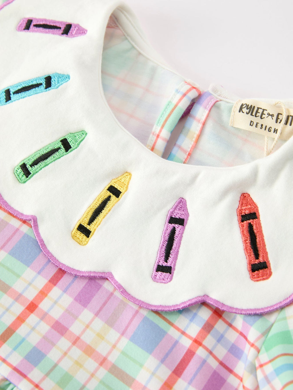 Back To School Plaid Crayon Embroidery Girls Dress Bow Puff Sleeve