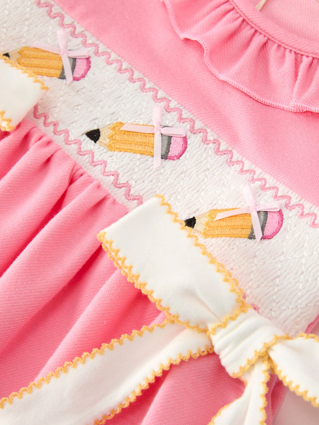 Back To School Embroidery Girls Dress Bow Ruffle Puff Sleeve