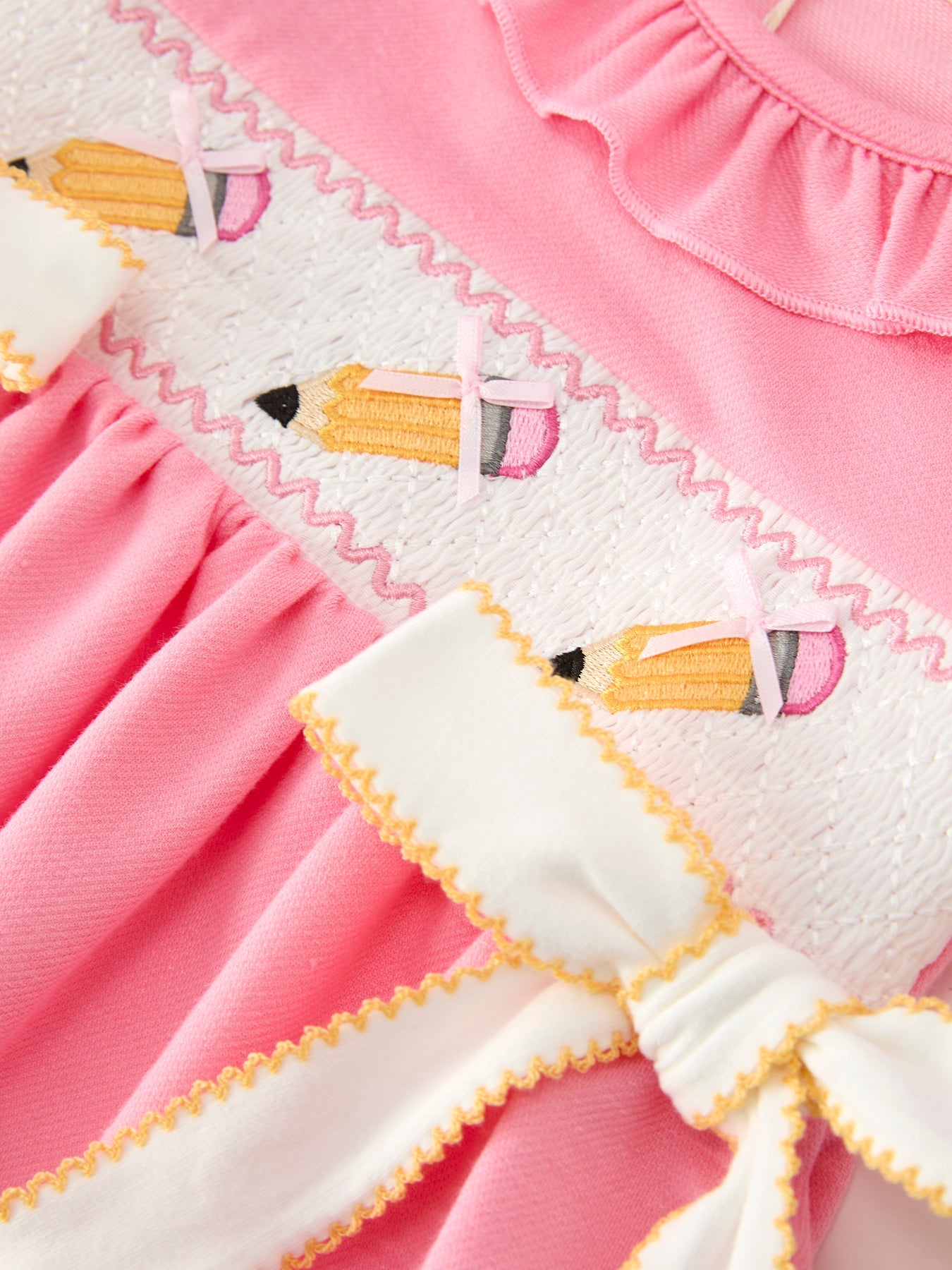 Back To School Embroidery Girls Dress Bow Ruffle Puff Sleeve