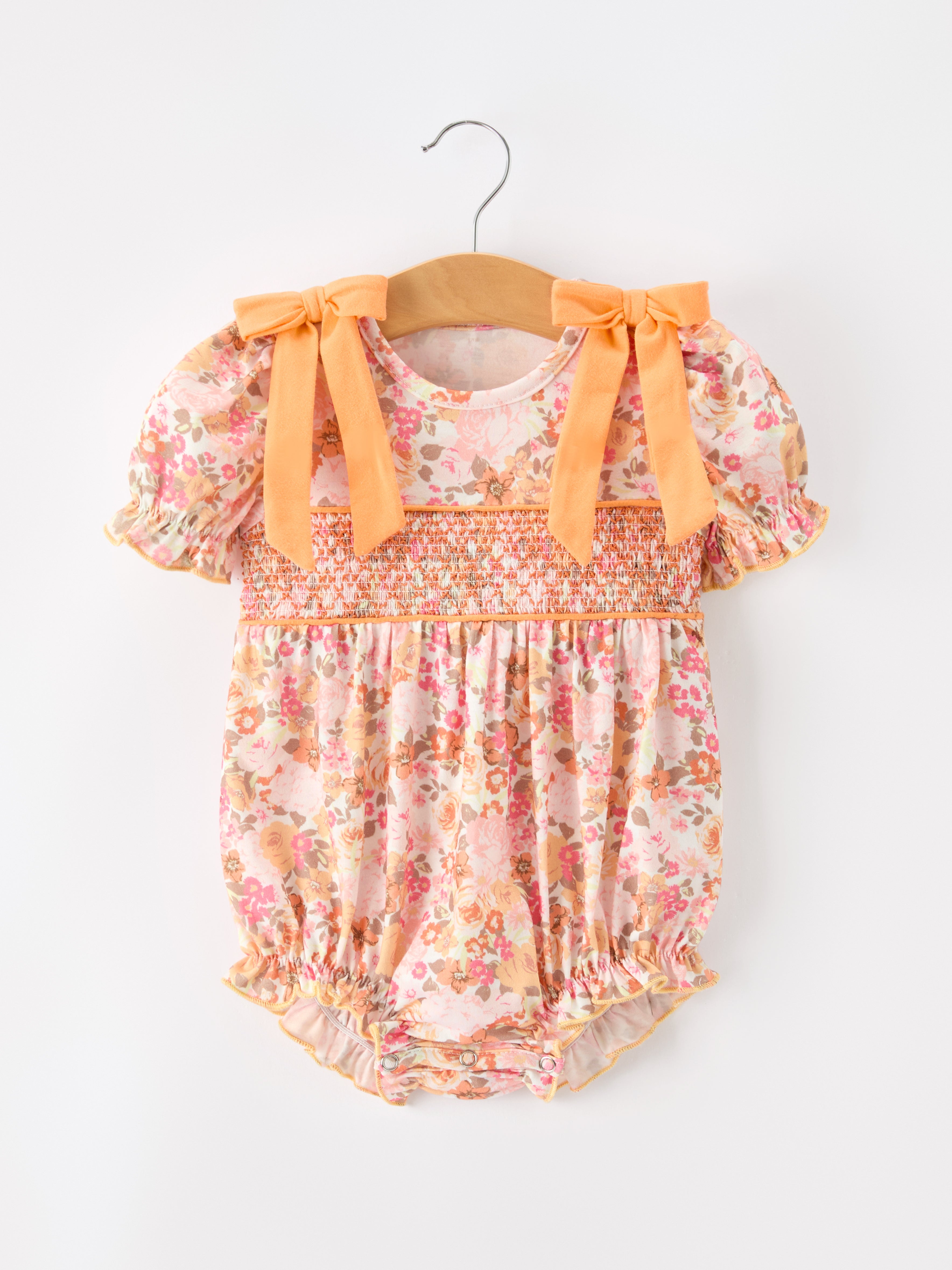Peach Bow Smocked Floral Baby Bubble