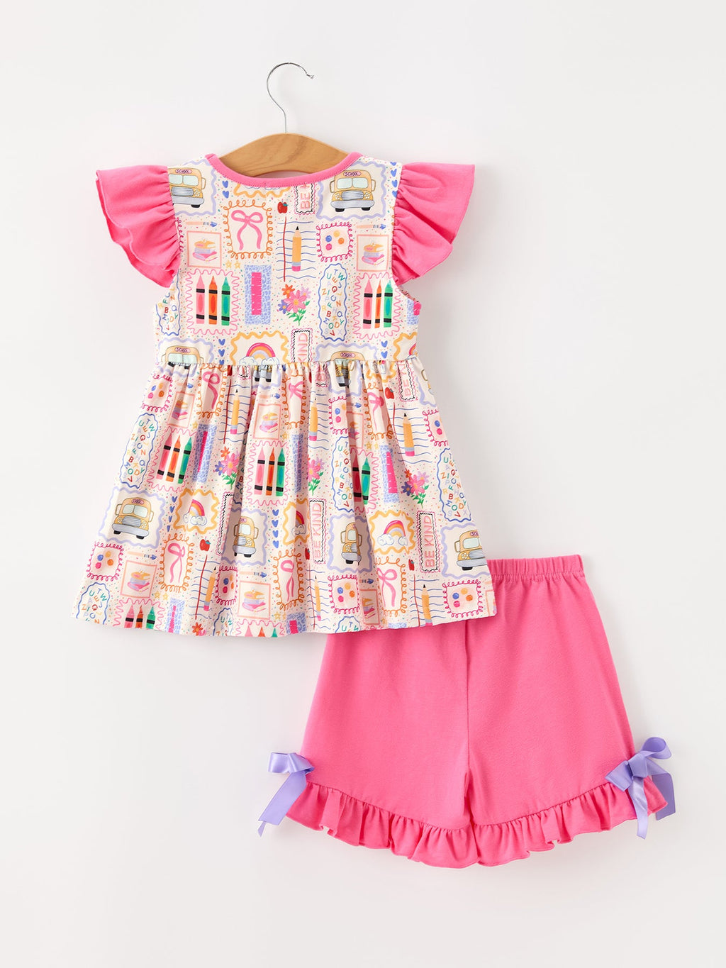 Back To School Crayon Bow Girls Flutter Sleeve Shorts Set