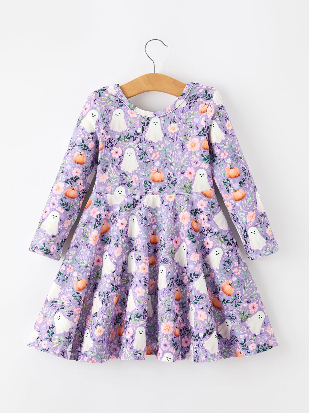 Halloween Ghost Pumpkin Girls Long Sleeve Twirl Dress