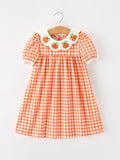 Fall Pumpkin Embroidered Puff Sleeve Girls Dress