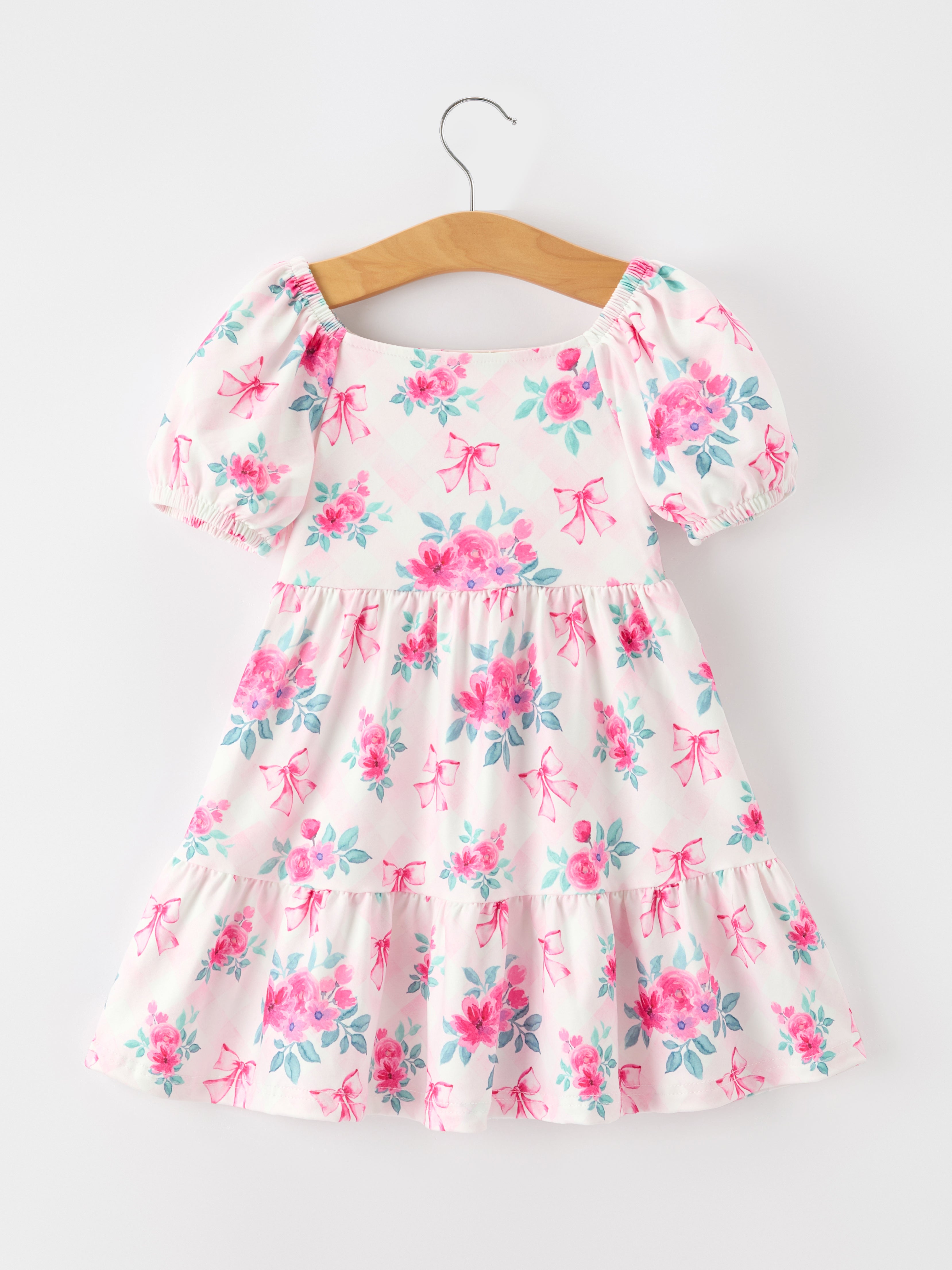 Fall Pink Floral Puff Sleeve Girls Dress