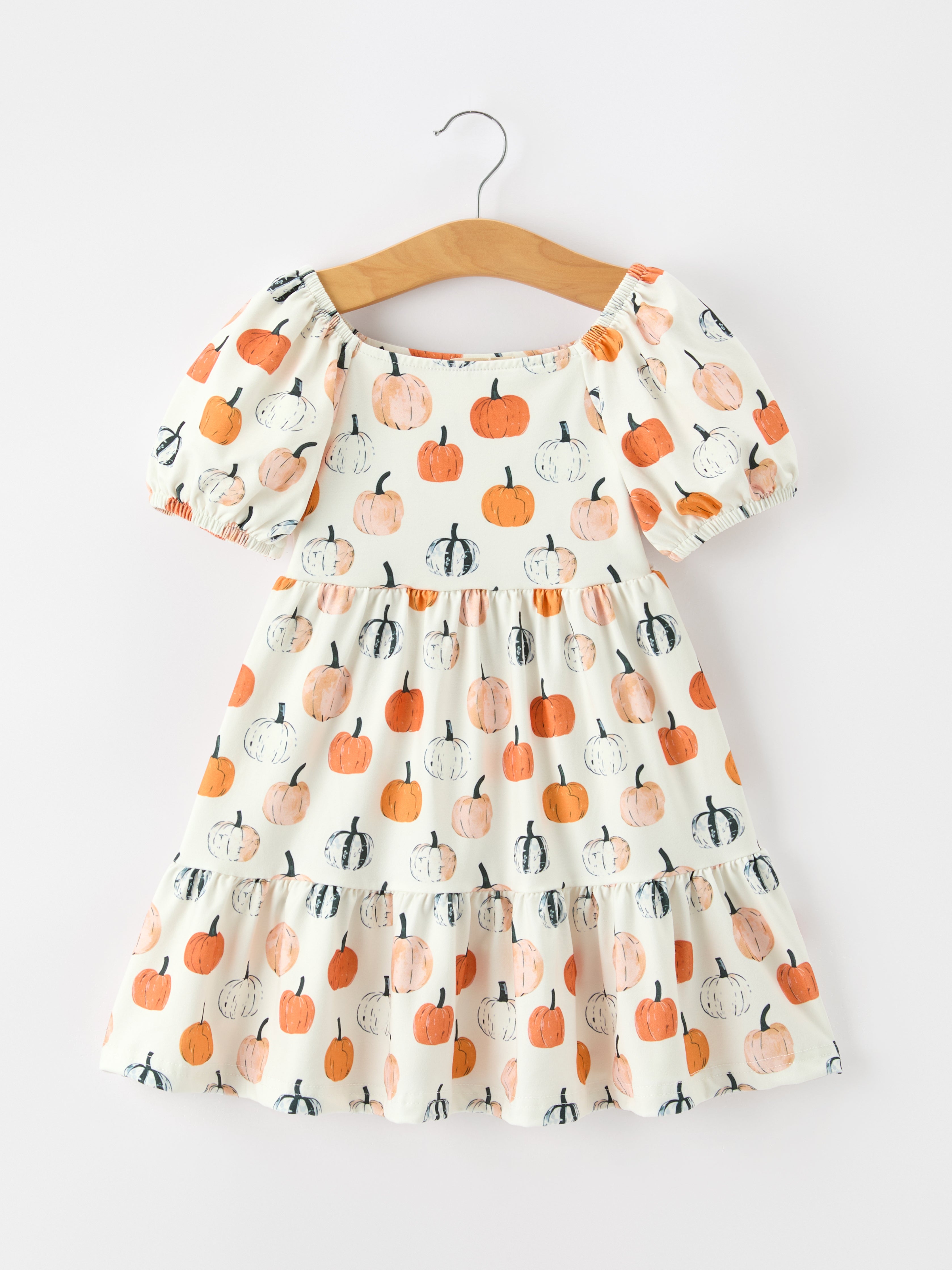 Fall Pumpkin Puff Sleeve Girls Dress