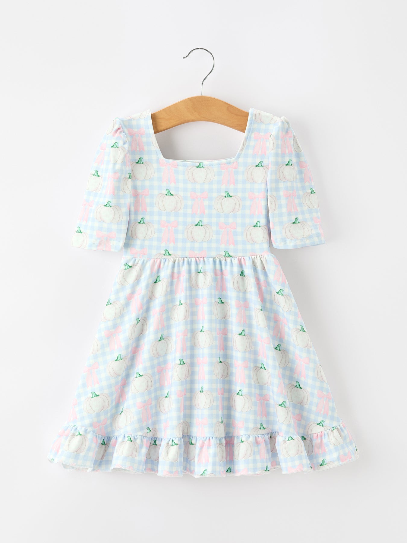Fall Pumpkin Bow Plaid Girls Ruffle Hem Dress