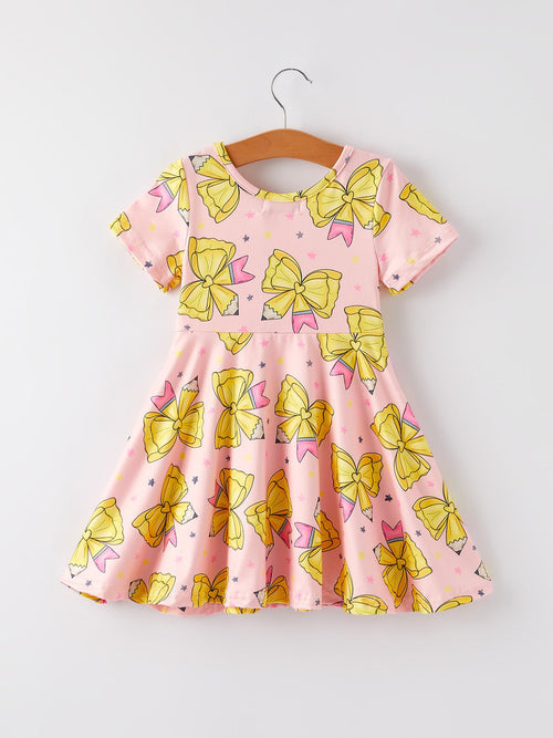 Back to School Yellow Bow Print Girls Dress