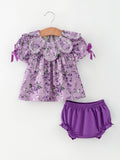 Floral Girls Outfit Set Purple Puff Sleeve Top Bloomers Set