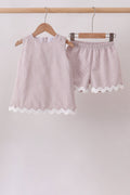 Khaki Seersucker Stripe Scalloped Shorts Set