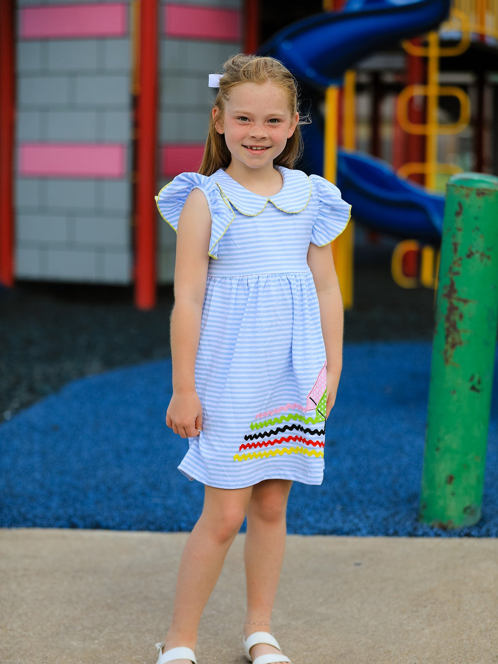 Girls Back To School Crayon Dress Ruffle Petal Collar Applique
