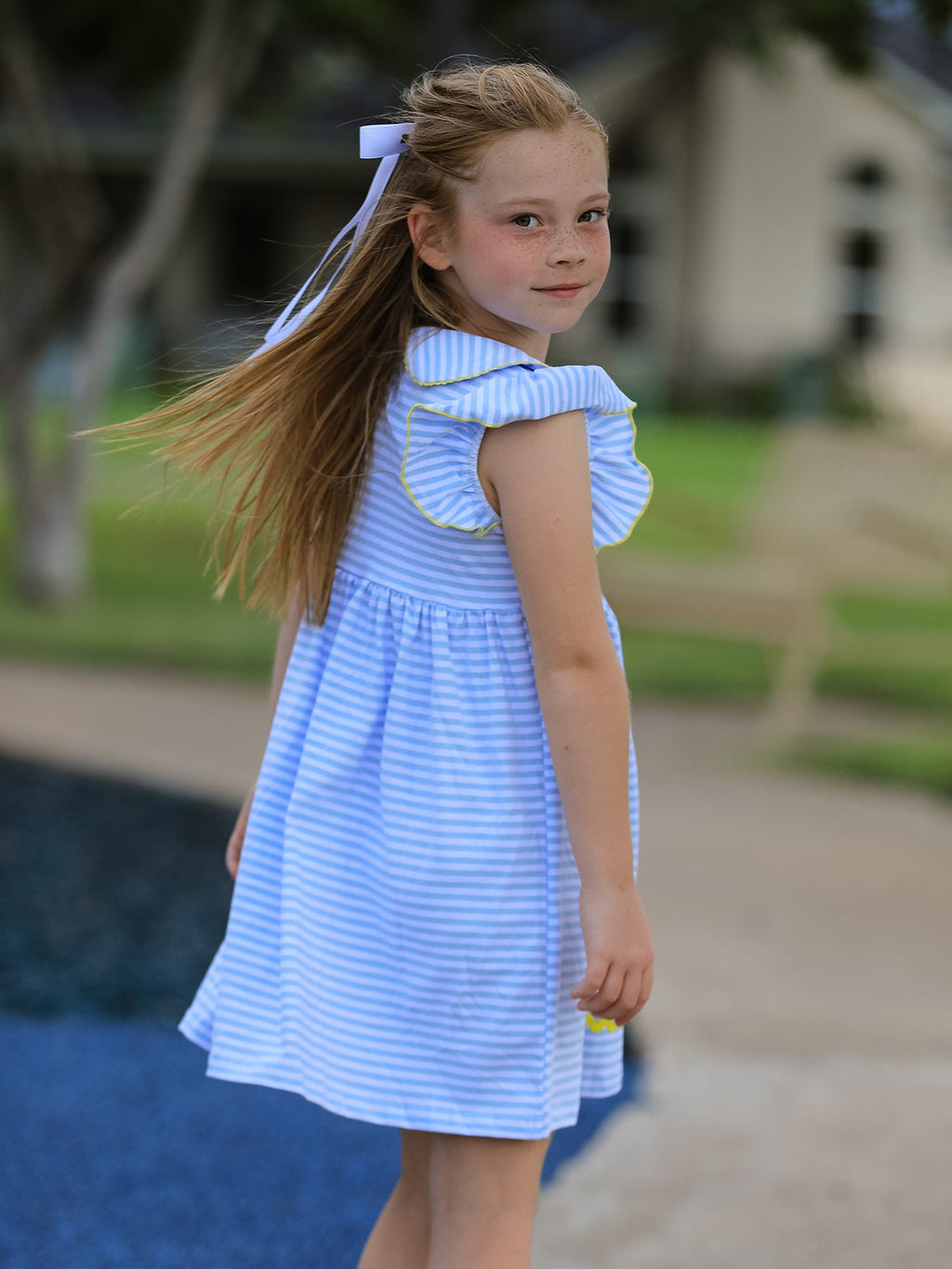 Girls Back To School Crayon Dress Ruffle Petal Collar Applique