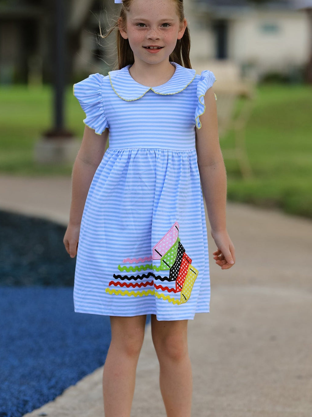 Girls Back To School Crayon Dress Ruffle Petal Collar Applique