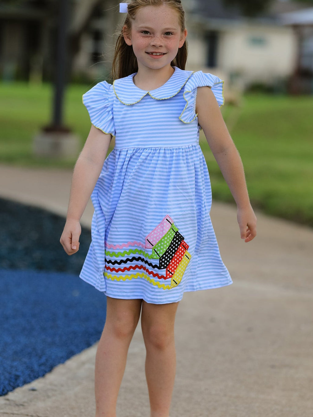 Girls Back To School Crayon Dress Ruffle Petal Collar Applique