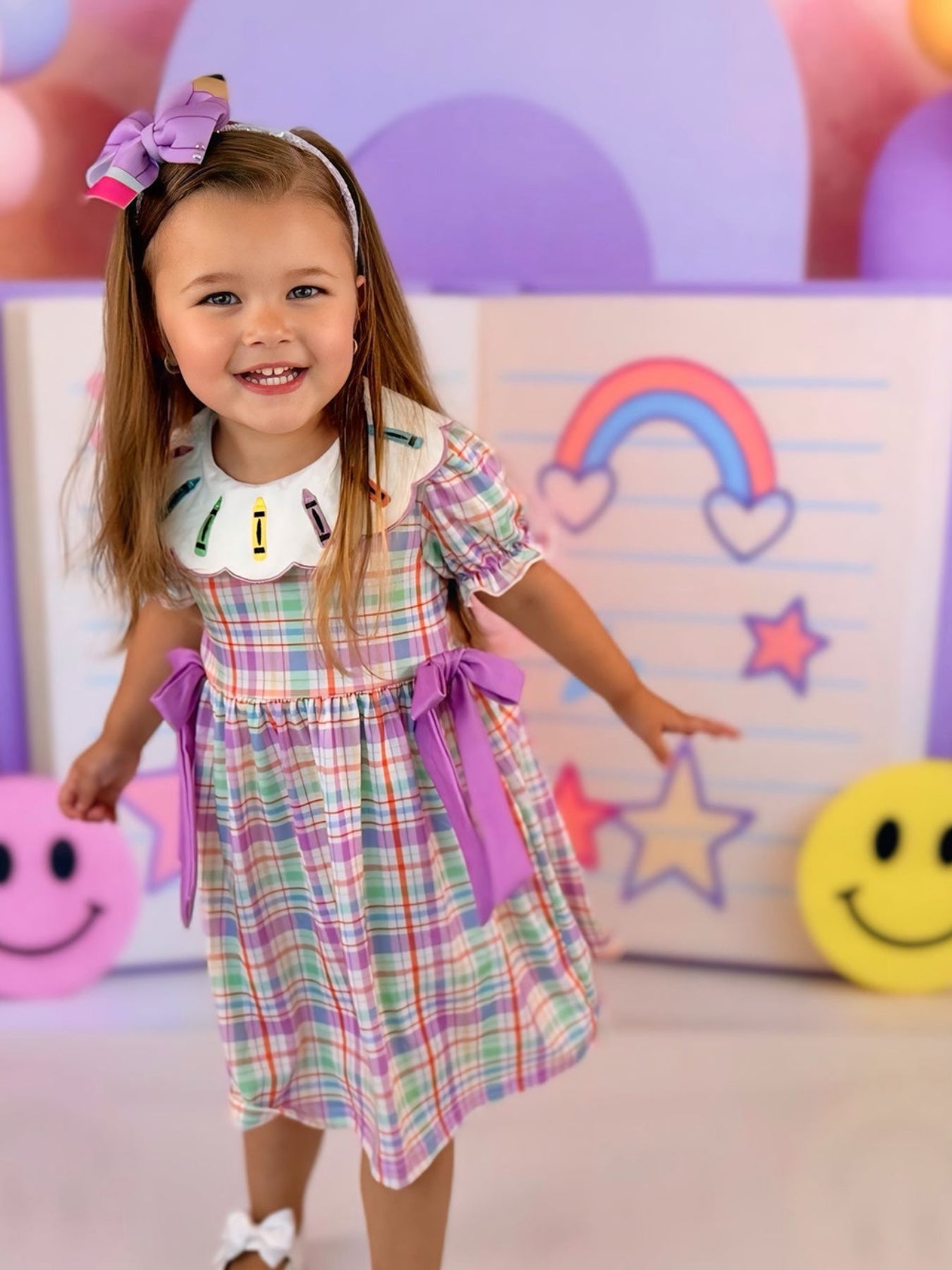 Back To School Plaid Crayon Embroidery Girls Dress Bow Puff Sleeve